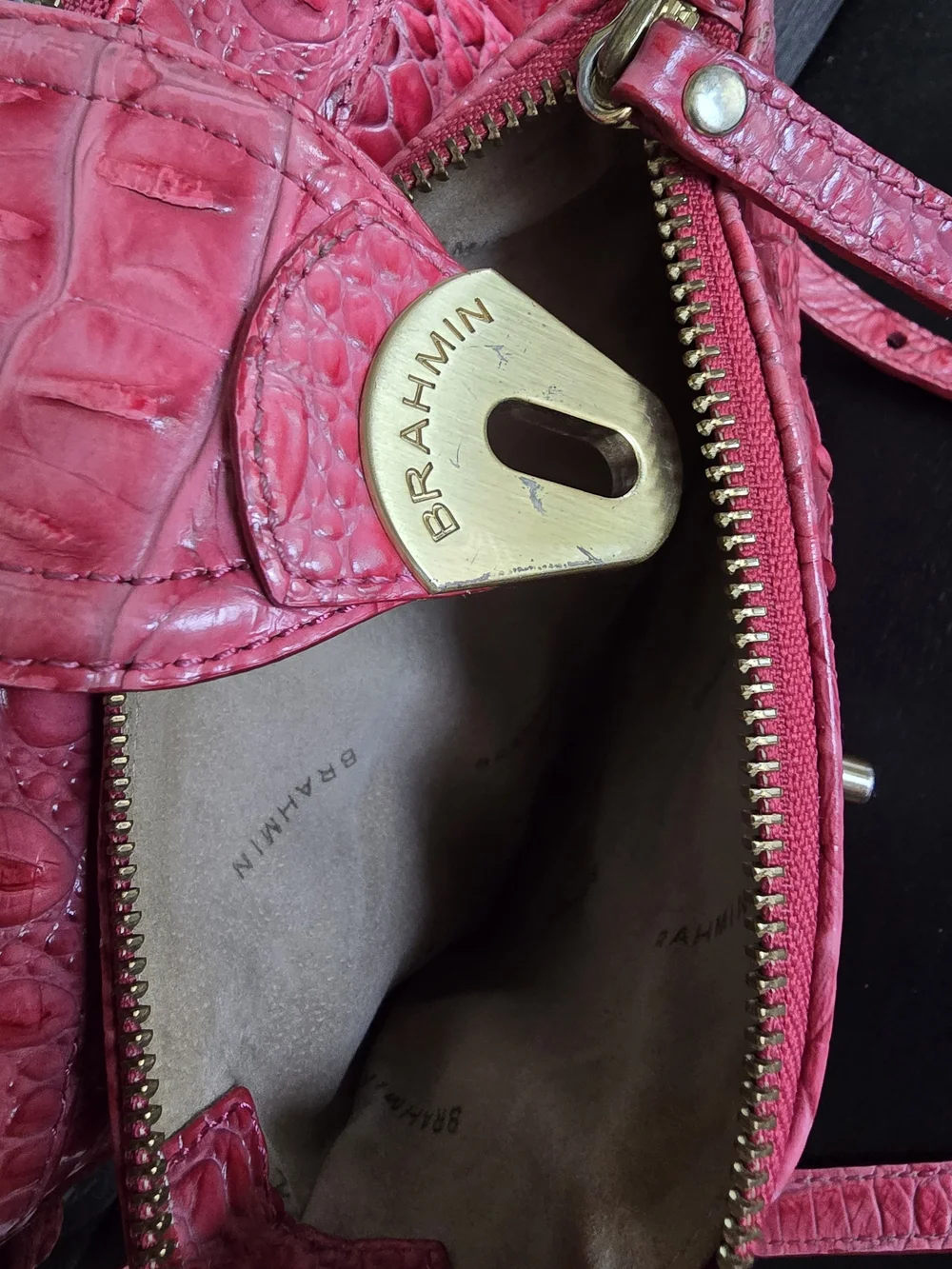 Brahmin Croc-Embossed Coral Pink Crossbody with Gold Hardware